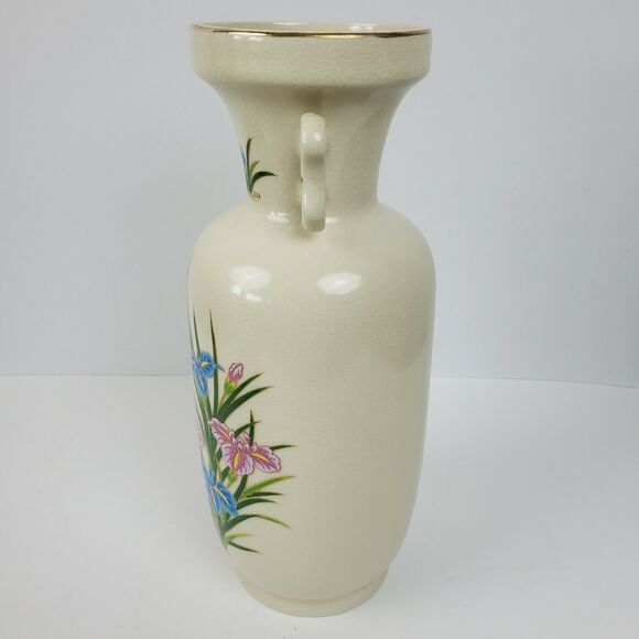 Vintage Japan Porcelain Iris Hummingbird Vase ART w/ Handles Gold Trim 12 Inch - Picture 2 of 8